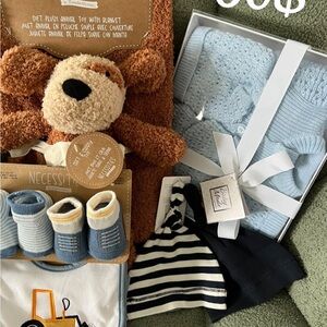Baby Essentials Blue, Navy, Cream & Brown Baby Gift Set Bibs and Accessories